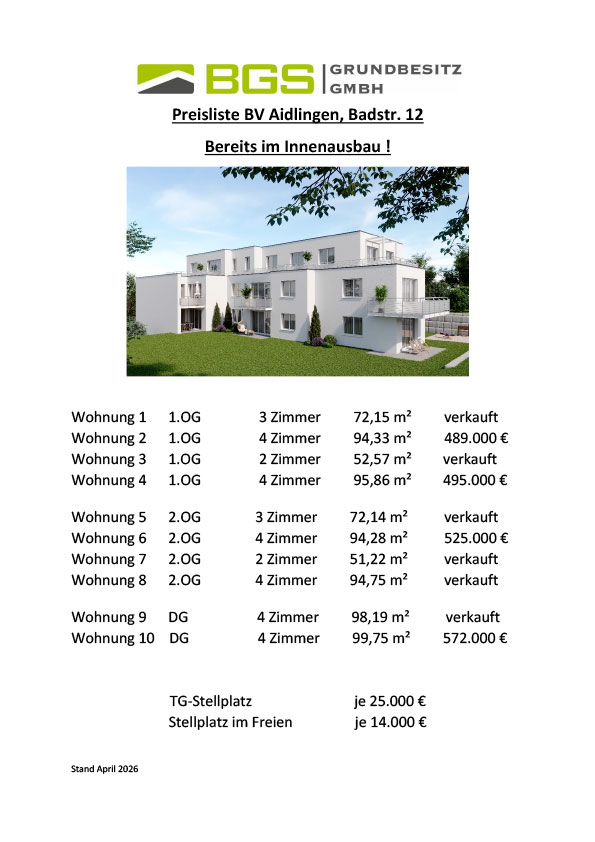 Preisliste für Wohnung in Aidlingen